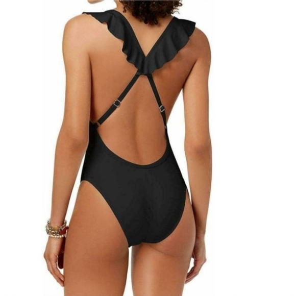 NWT Bar III Deep Plunge Ruffle Neck Cross Back Cheeky One-Piece Swimsuit - Picture 2 of 6
